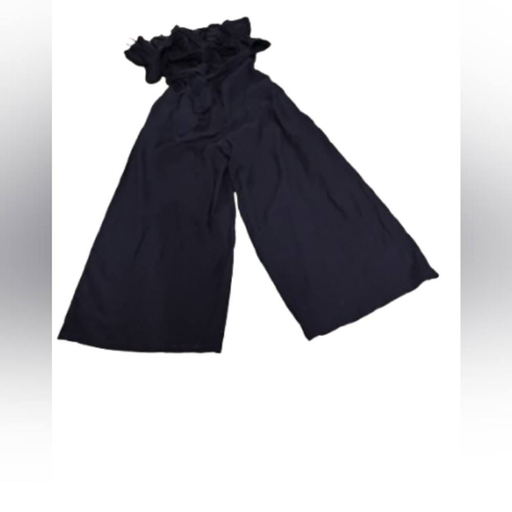 The Impeccable Pig Women's Ruffle Strapless Wide Leg Jumpsuit Linen Navy Blue XS